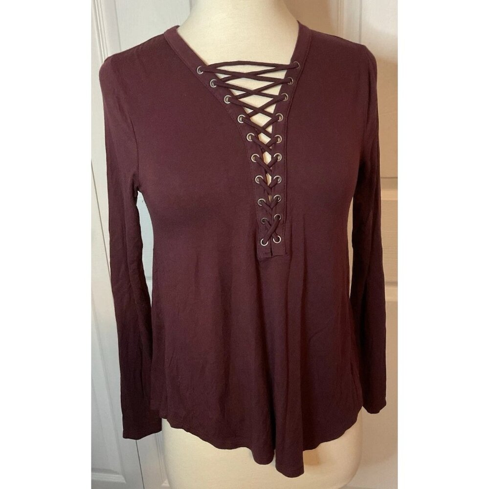 AEO Burgundy Wine Long Sleeve Lace‎ Up Tee Top Blouse Size XS